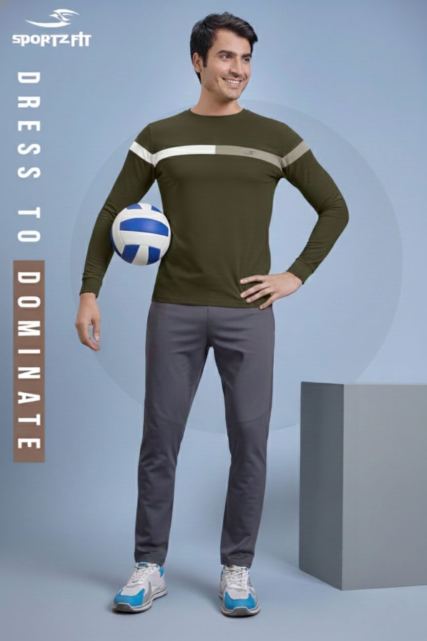 Men Round Neck Full Sleeve T-Shirt - Olive Green | L | SBT67